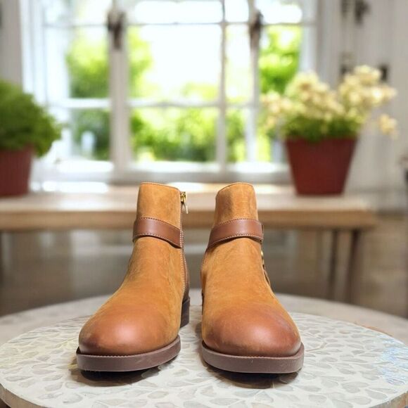 Vionic $190 Rhiannon Equestrian Ankle Boots Cognac Nubuck Leather Buckle Detail - Picture 3 of 13